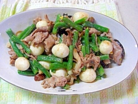 うずらとインゲン、豚肉の味噌マヨ炒め